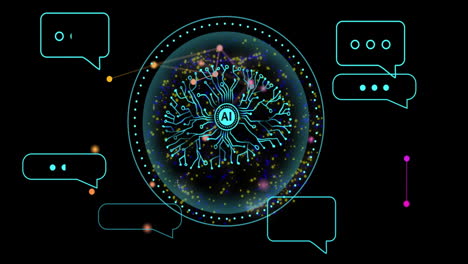 ai neural network and chat bubbles animation over black background with colorful particles