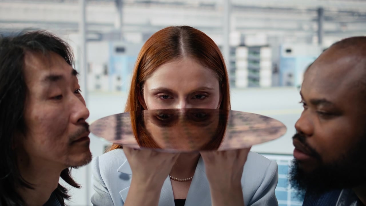 Diverse Team of Engineers Examining a Silicon Wafer in a Modern Laboratory