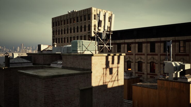 Vista di un edificio da un tetto.