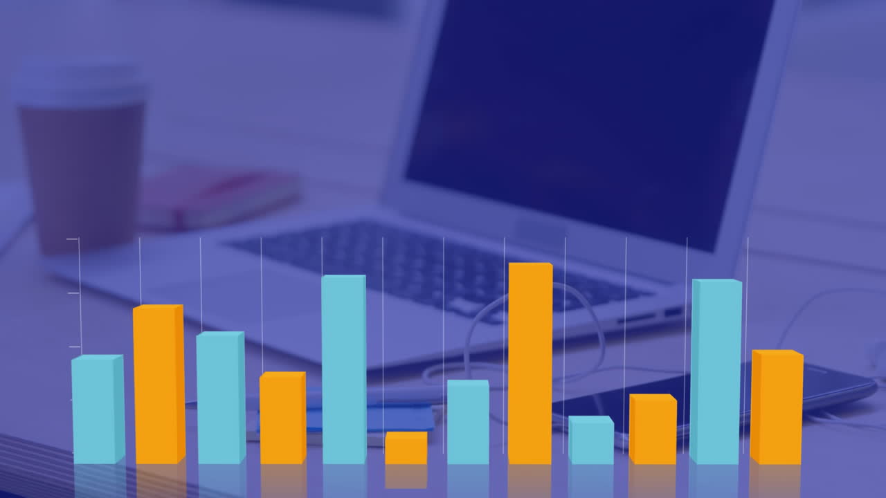 gráficos y estadísticas que se mueven en la cuadrícula con computadora portátil en el fondo