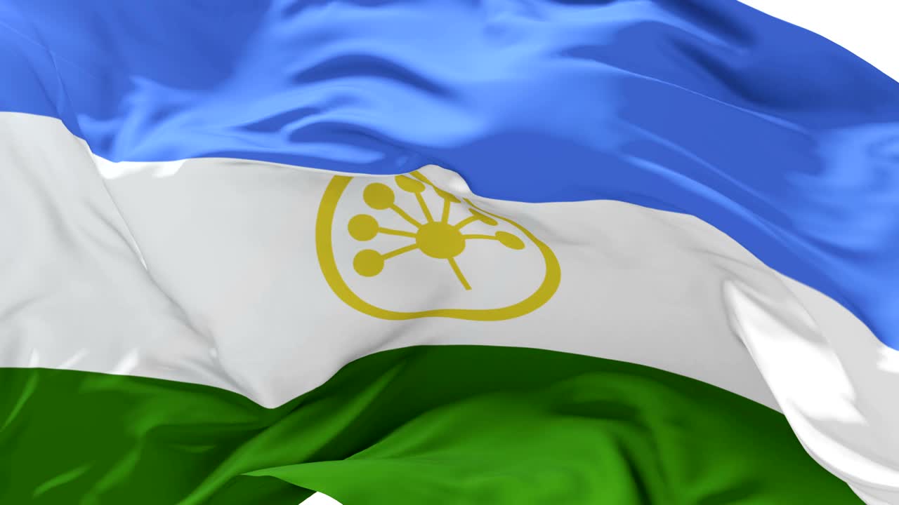 바쉬코르토스탄 국기가 파란 하늘과 함께 느리게 바람에 흔들리고, 루프