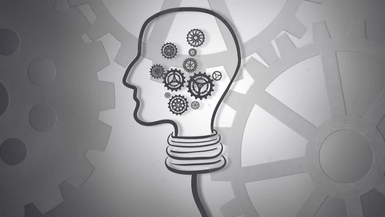 Animation of human brain with cogs working on grey background