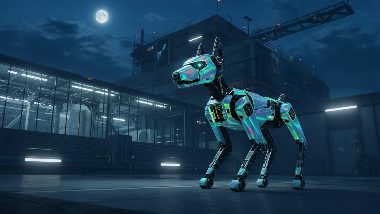 A Futuristic Robotic Dog Stands Proudly Under the Moonlight, Showcasing Its High-Tech Features Against a Modern Industrial Background