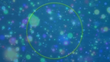 animation of round banner, network of connections and glowing spots of light on blue background