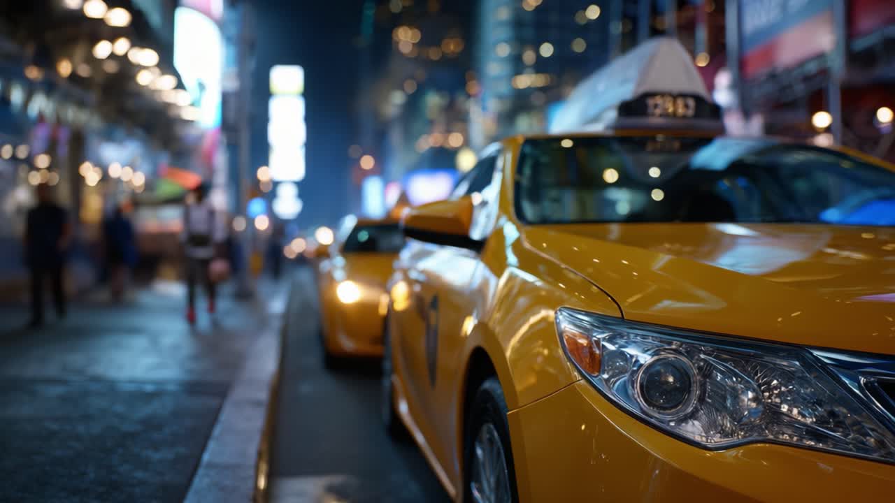 Levende nattescene med ikoniske gule taxaer oplyst af blændende neonlys og bymiljøets travlhed