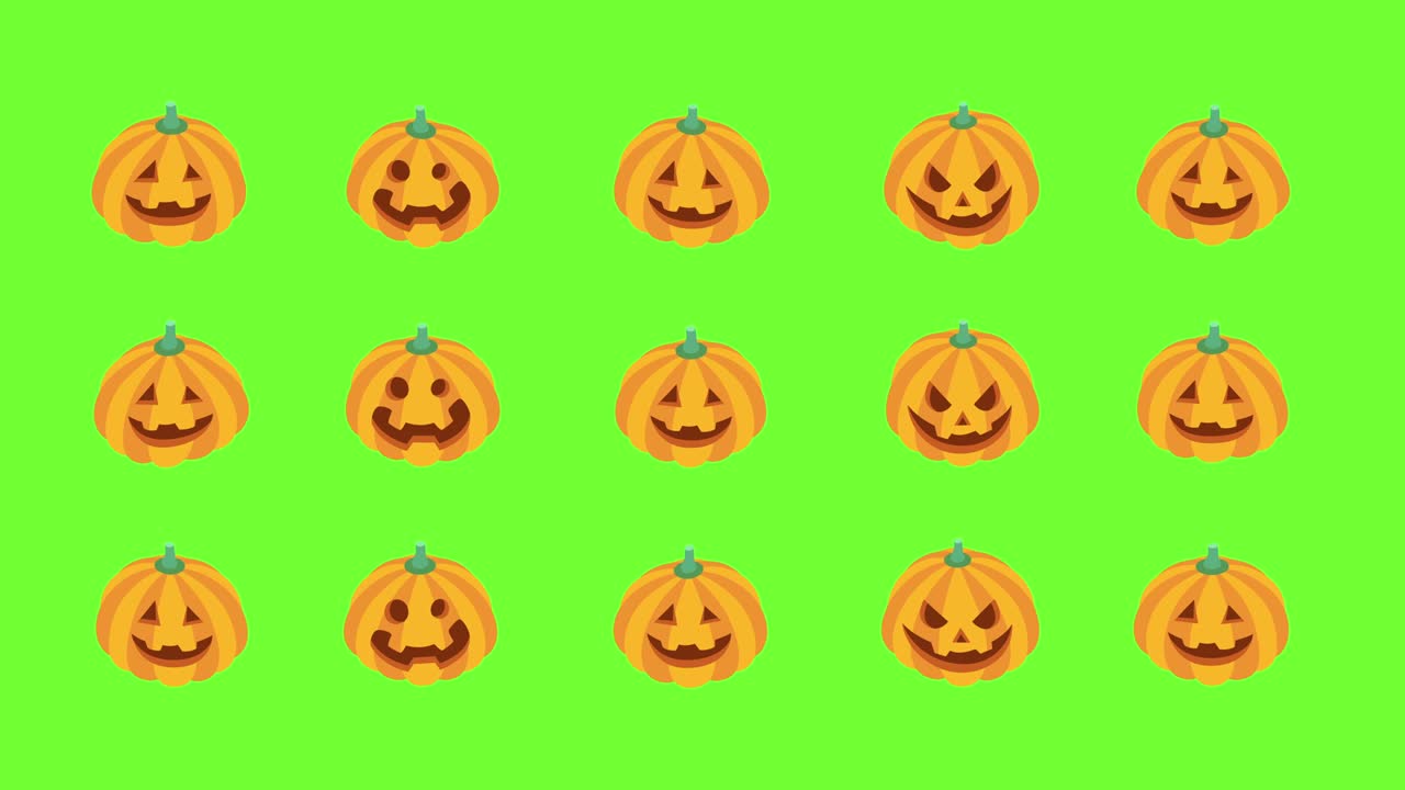 할로윈 애니메이션: 초록색 배경에서 느리게 움직이는 호박 그룹