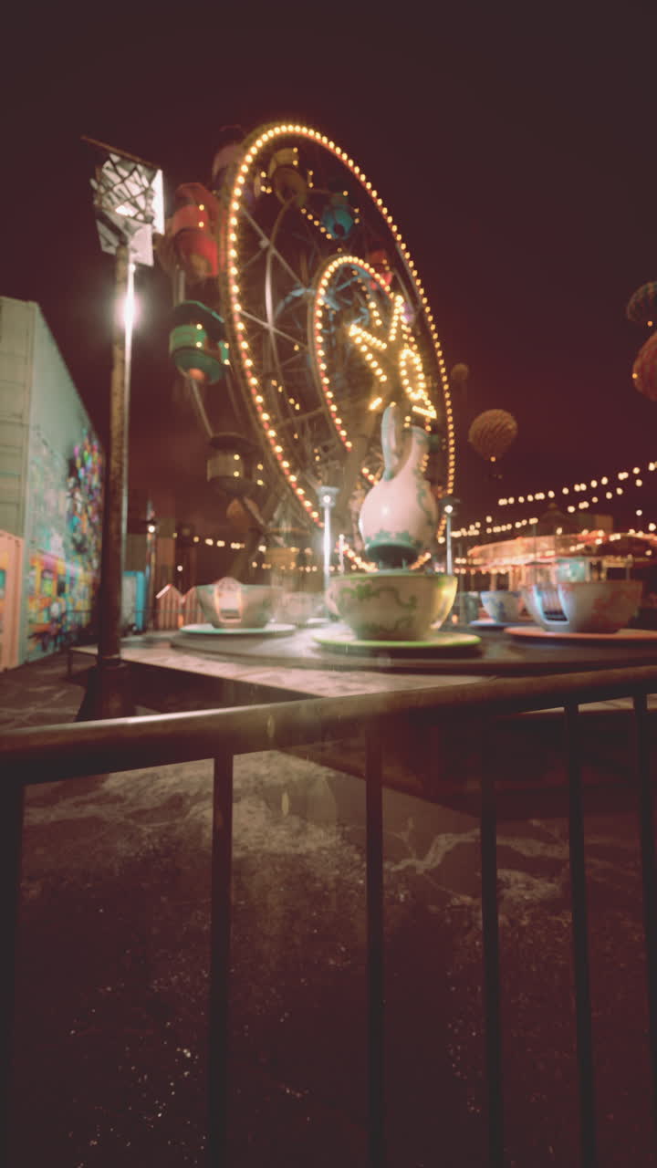 Nighttime amusement park with ferris wheel