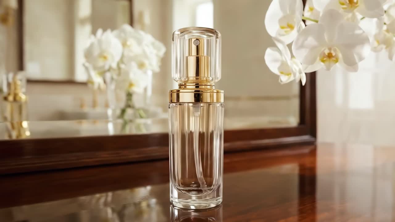 Flacone di profumo di lusso rotante su una toletta in legno con orchidee