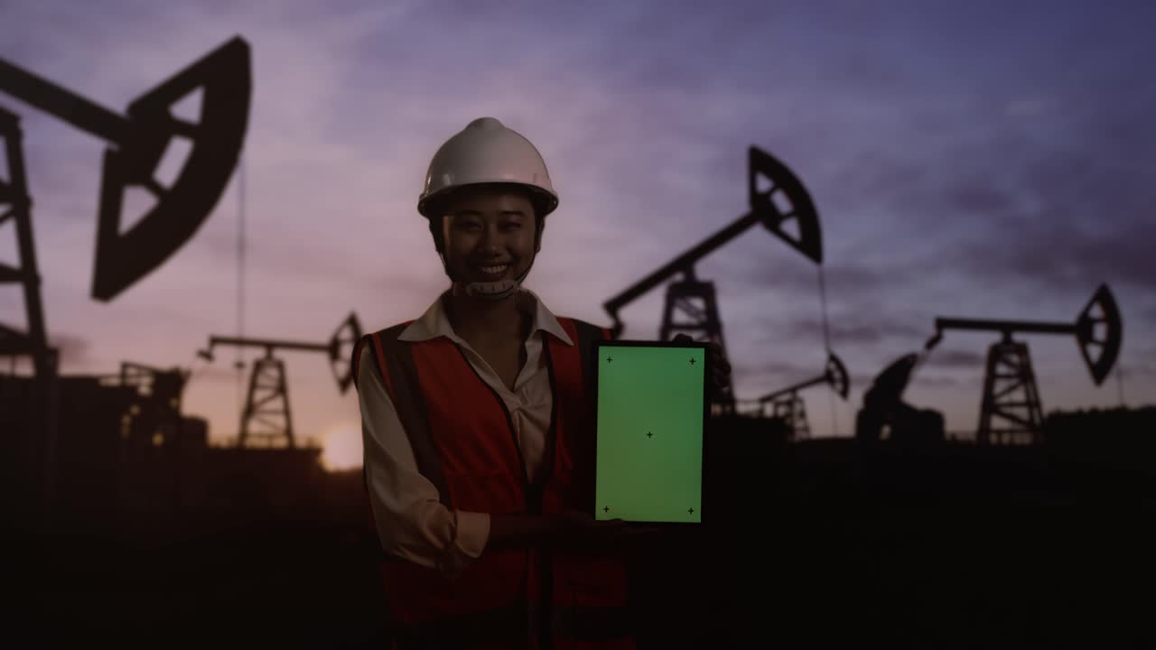 ingeniera asiática con casco de seguridad inspecciona bombas de petróleo al amanecer en un gran campo petrolífero. sonriendo y mostrando la tableta de pantalla verde a la cámara