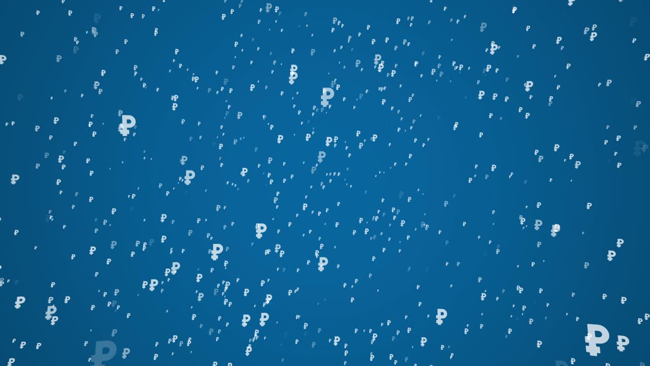 White symbols of Russian currency Ruble falling on a blue background. Simple seamless loop business motion graphic animated elements
