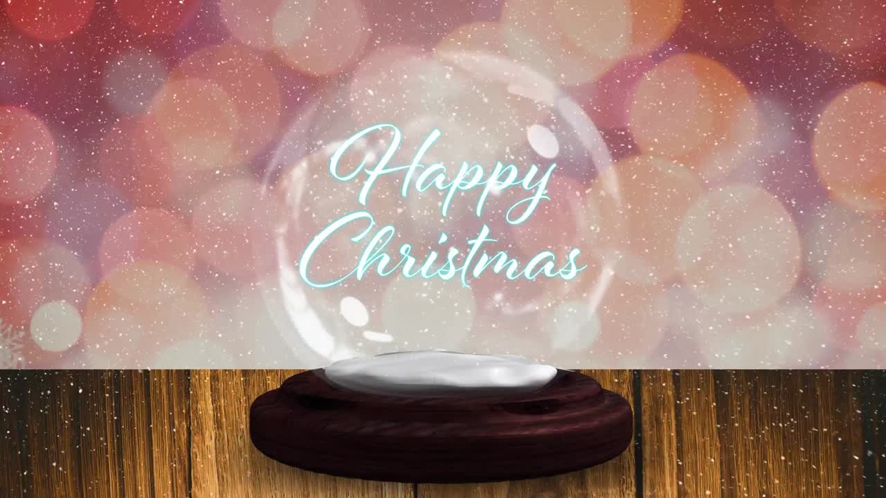 나무 판에 눈 글로브 위에 행복한 크리스마스 텍스트를 둘러싼 파란색  ⁇ 별