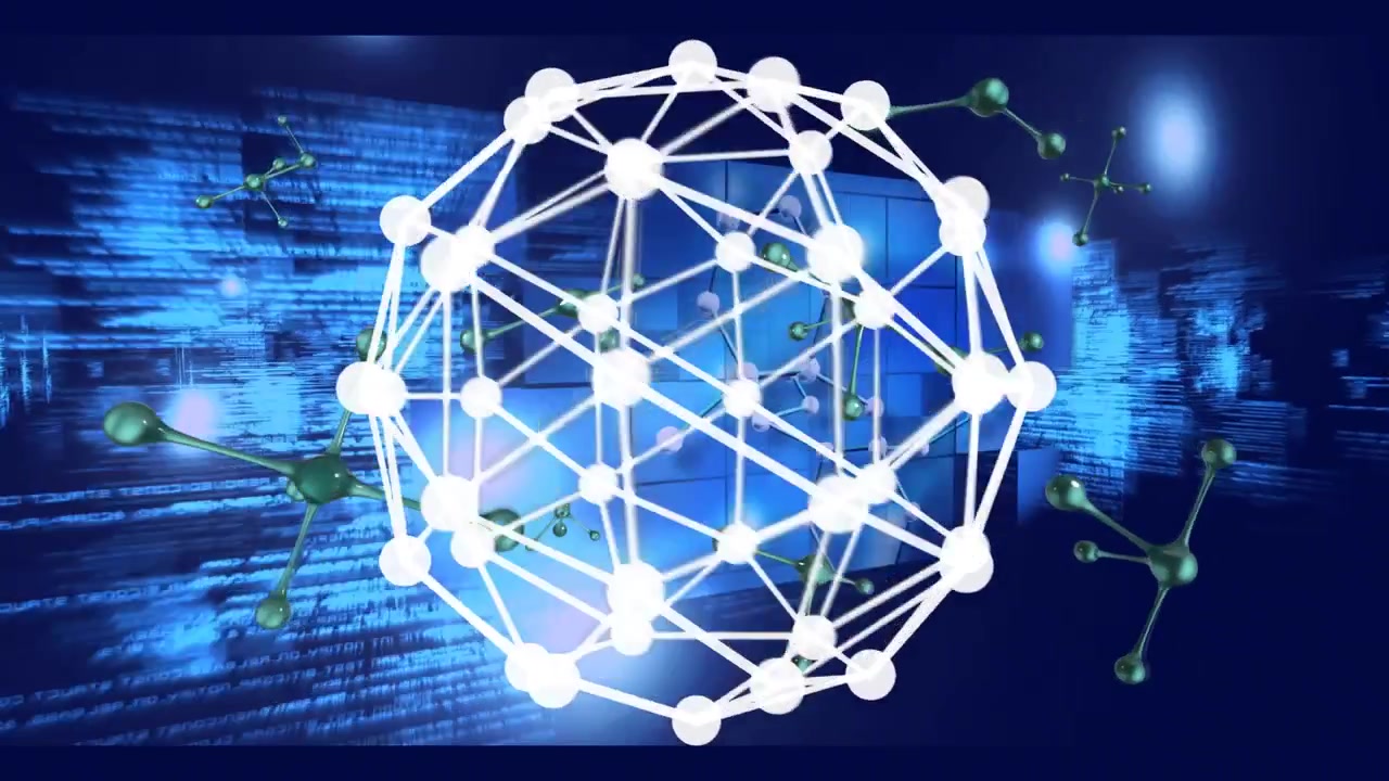 Animation of dna strand and molecules, globe over data processing