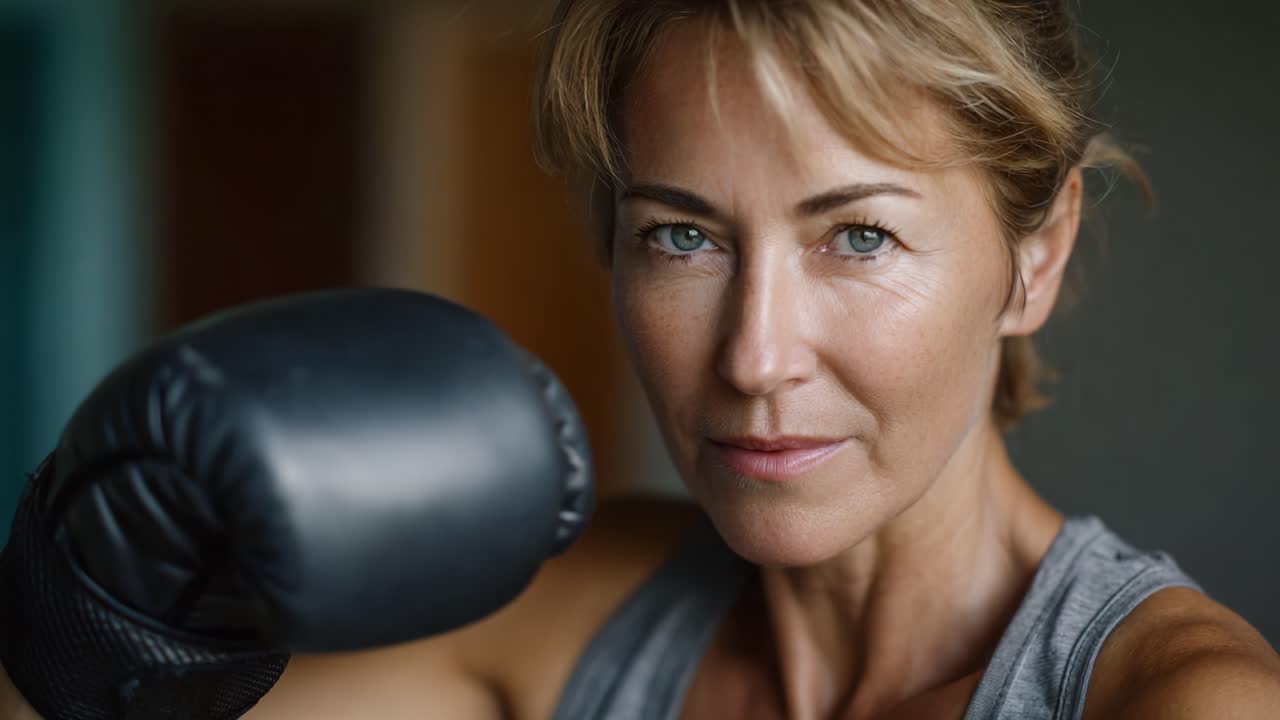 Una mujer decidida vestida con ropa deportiva demuestra fuerza y concentración en su postura de boxeo, ejemplificando el empoderamiento y la dedicación en el deporte y el ejercicio físico