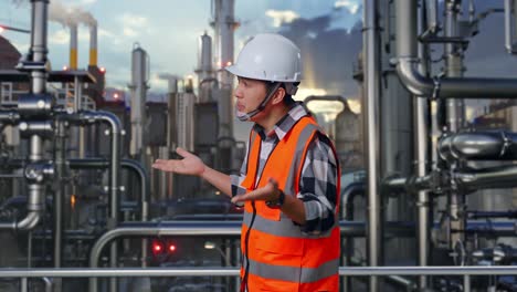 side view of wondering asian male engineer with safety helmet saying why working doubtfully in a refinery, oil processing equipment and machinery