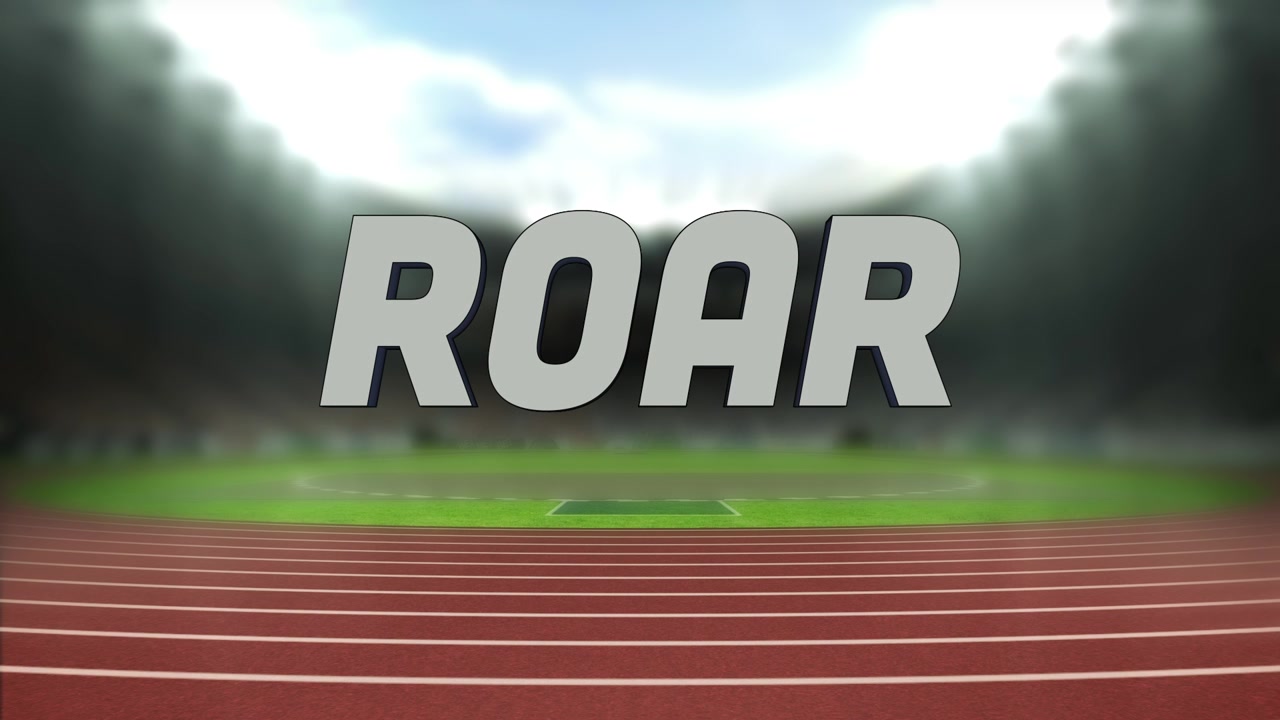 3D gray ROAR text animating on start, sliding, scaling and moving toward viewer at outdoor track