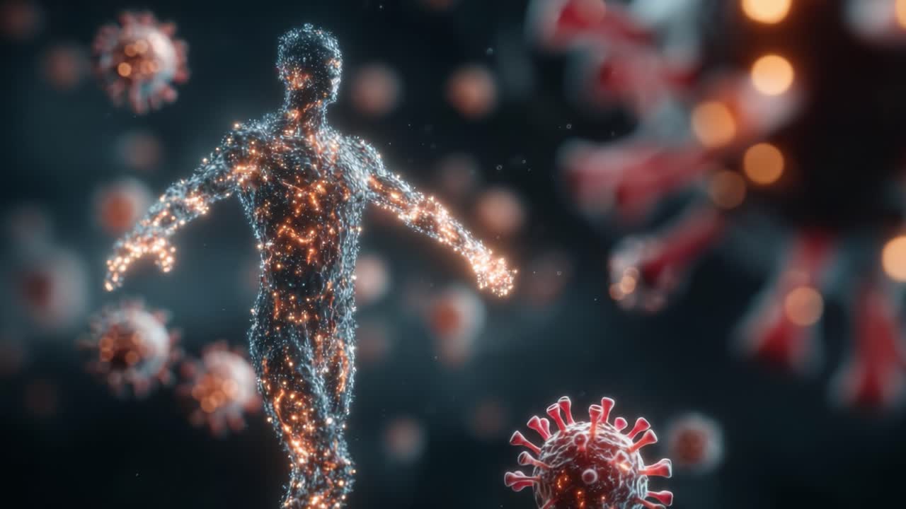 A stunning representation of a human figure made of illuminated particles and surrounded by virus-like structures, highlighting the interplay between humanity and pathogens in a vibrant, abstract art style