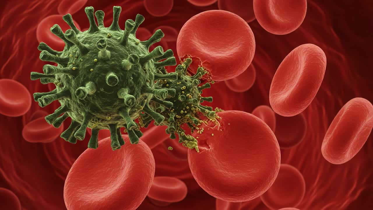 Microscopic View of a Virus Attacking Red Blood Cells, Illustrating the ...