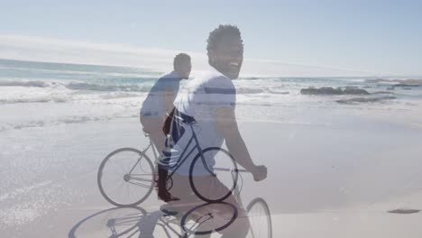 animation of happy african american man on bike on beach