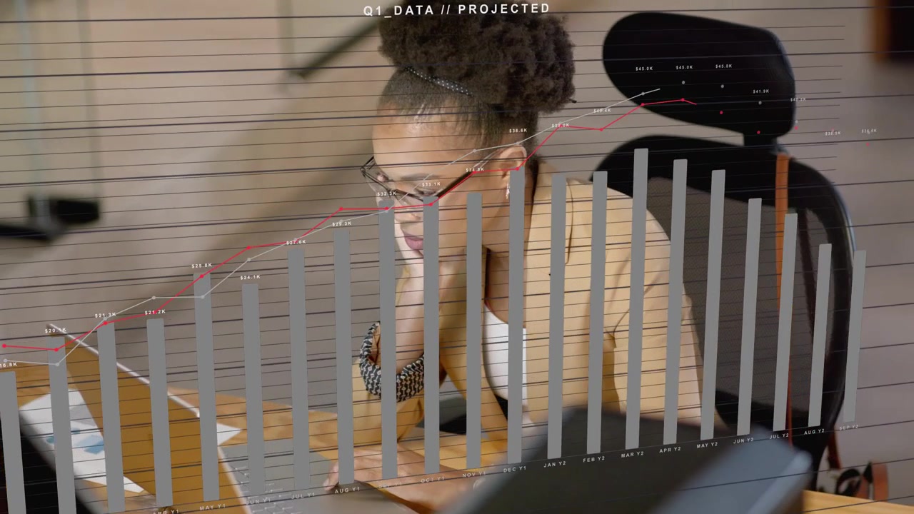 Woman analyst resting and typing laptop while data overlay appearing, projecting business charts