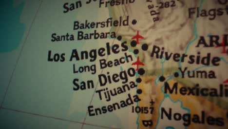 close-up of a map showing california and nearby states