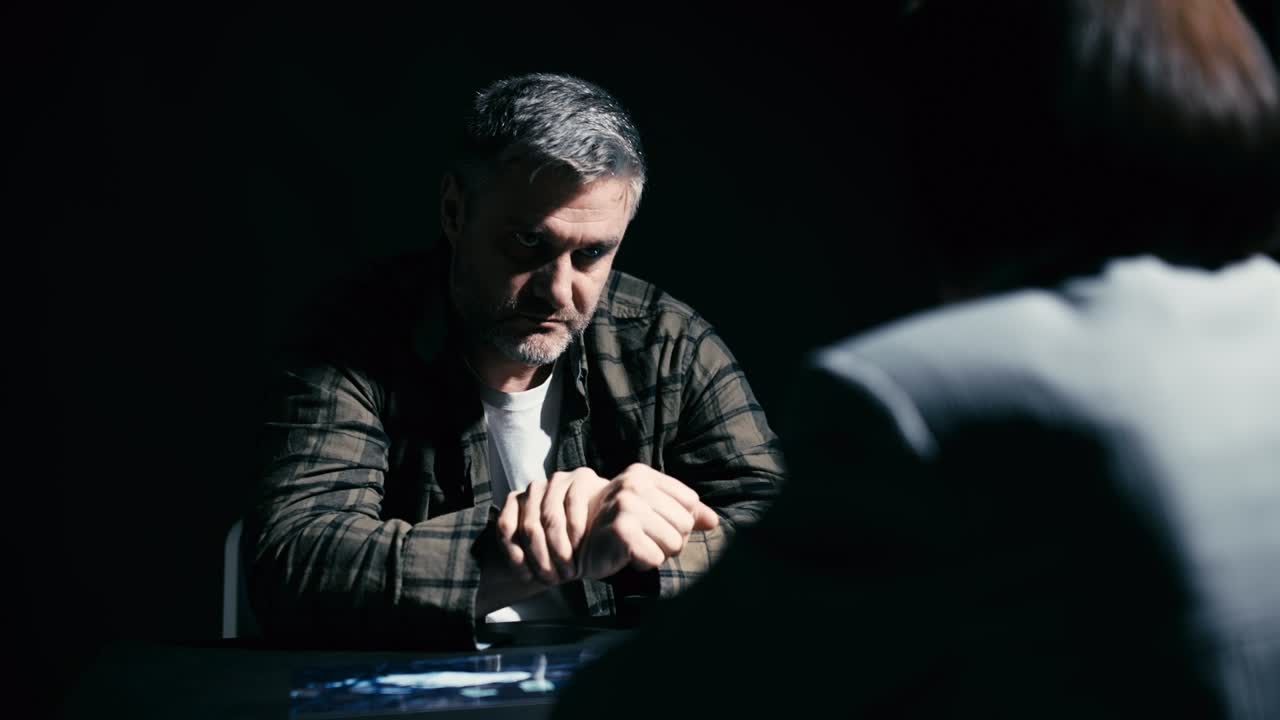 detective mostrando fotos de la escena del crimen al sospechoso masculino, comportamiento sospechoso