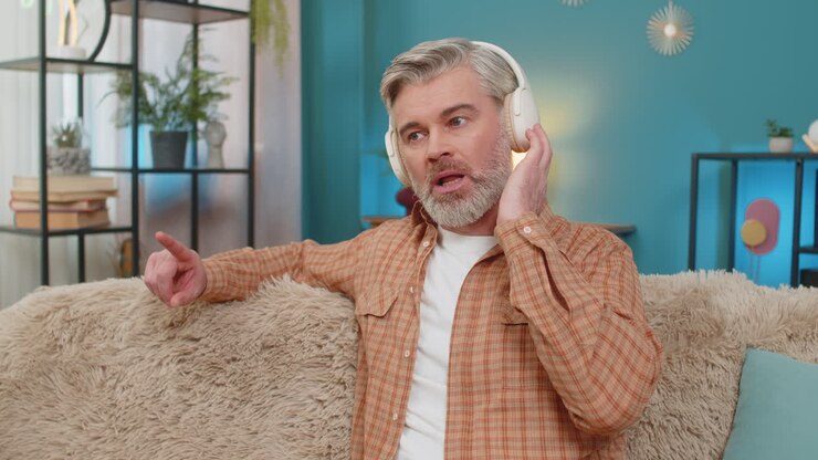 Uomo maturo seduto sul divano con le cuffie wireless che si diverte con l'audiolibro e l'apprendimento online a casa