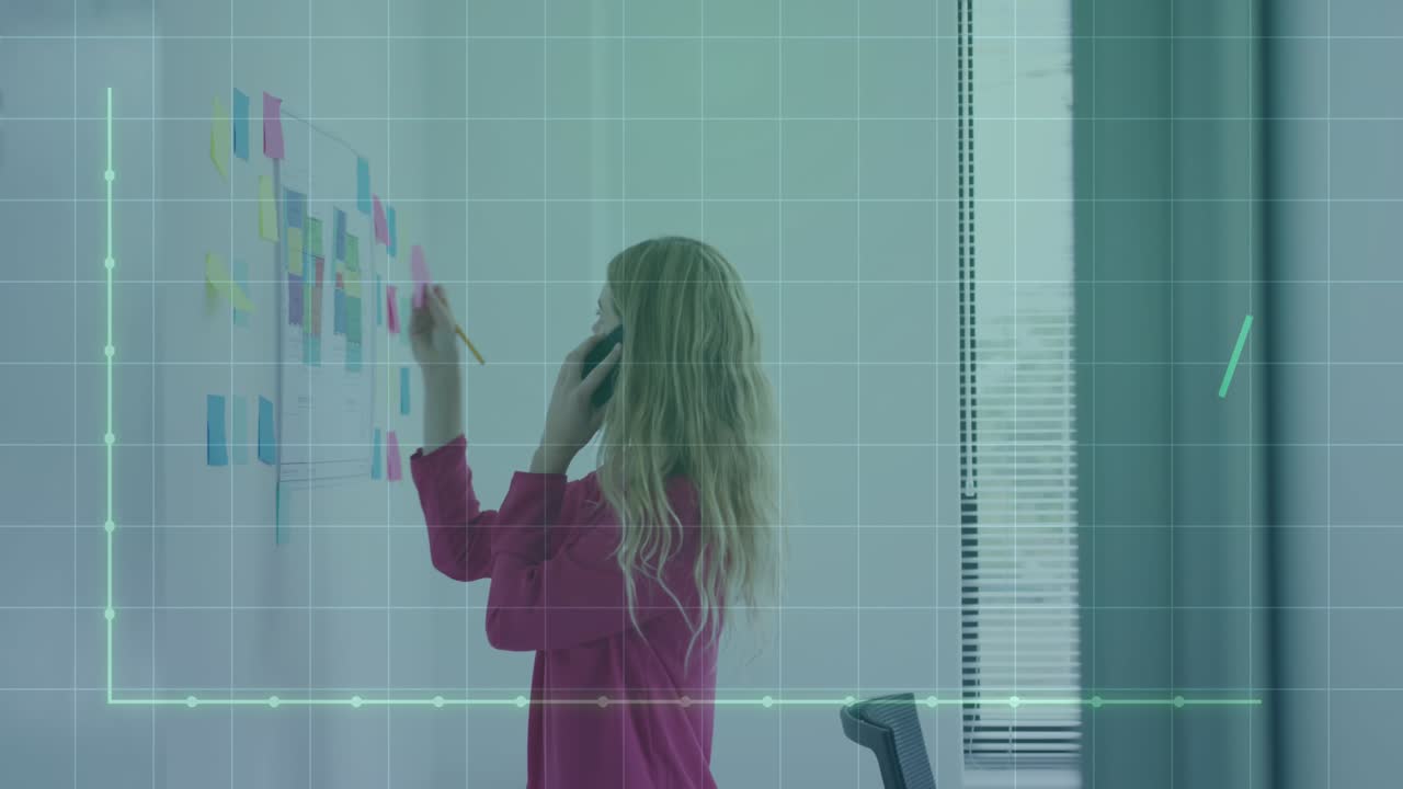 Animation of financial data processing over businessman using tablet