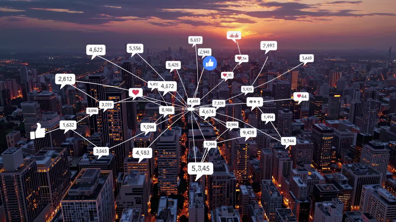 Aerial view of a cityscape at sunset with social media icons connected by lines