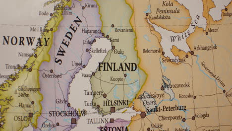 a close-up view of a map showing finland and surrounding nordic countries