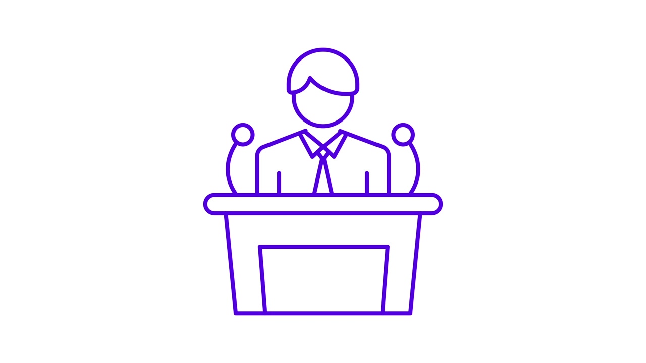 Animated Line Icon of a Speaker at a Podium with Microphones