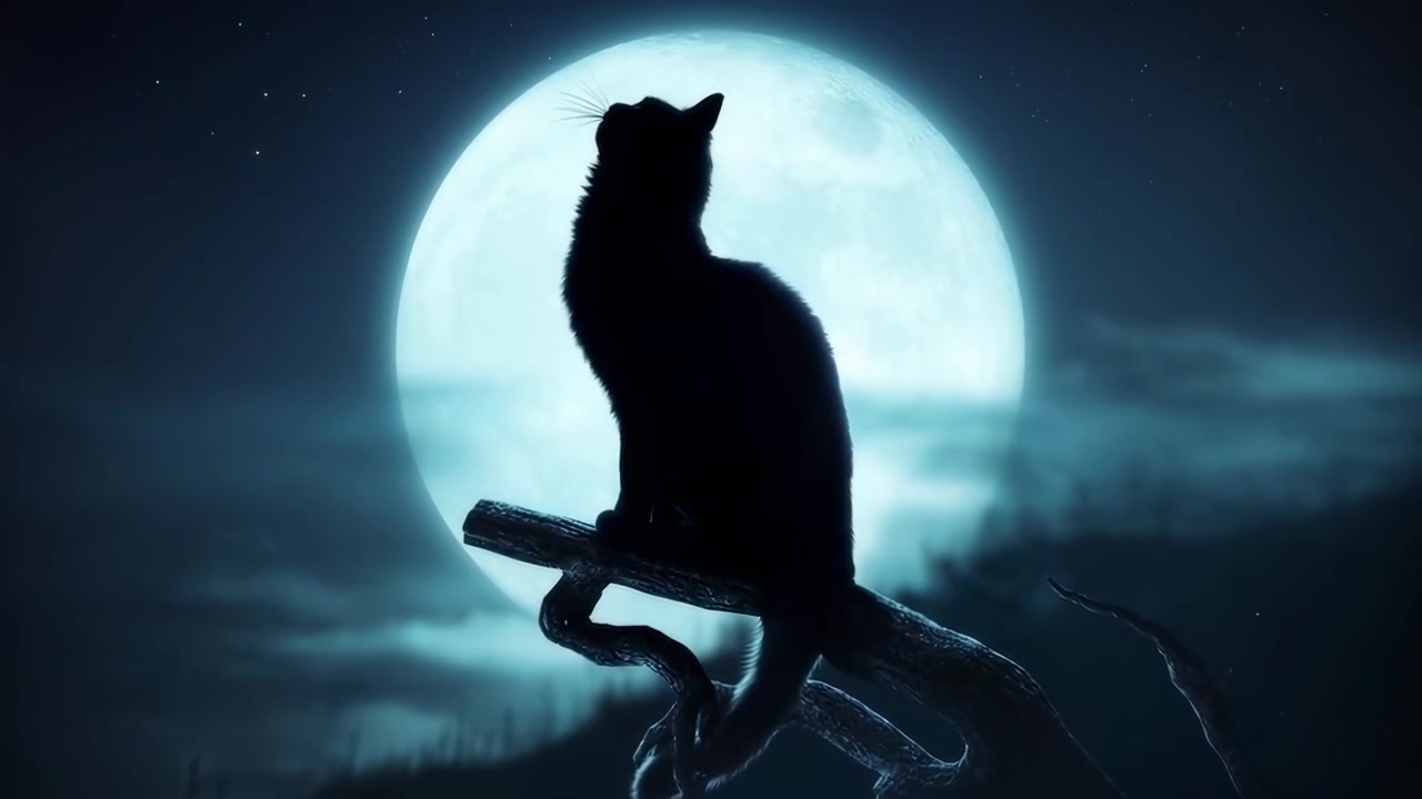 Gruselige schwarze Katzensilhouette auf einem Ast unter einem Vollmond