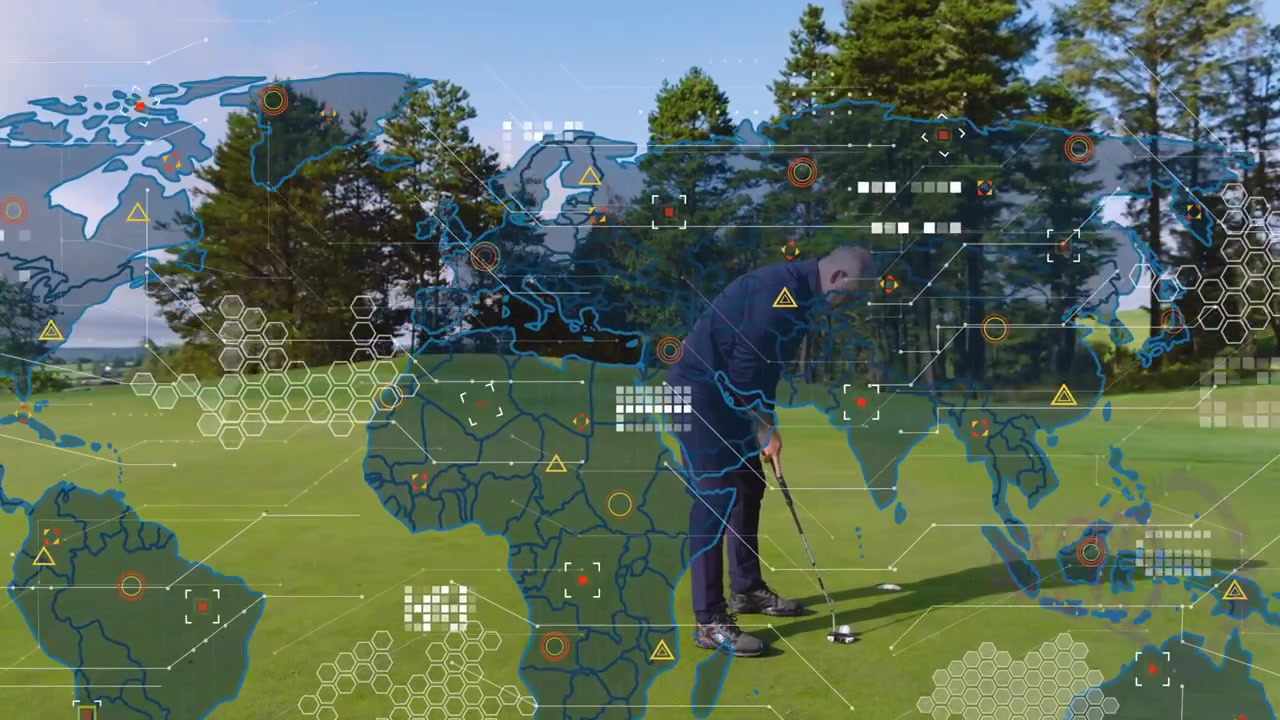 Golfista maturo che si prepara a colpire la palla ed esegue un putt, con una mappa del mondo HUD sovrapposta al green per l'analisi.