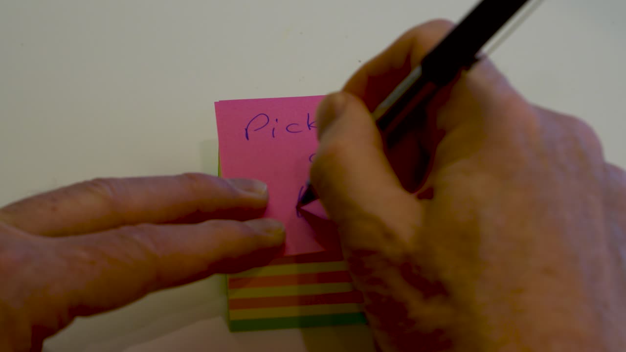 Hand seen writing, "Picking up the KIDs" on a pink, sticky, post it pad and then tearing off the top sheet - isolated close up