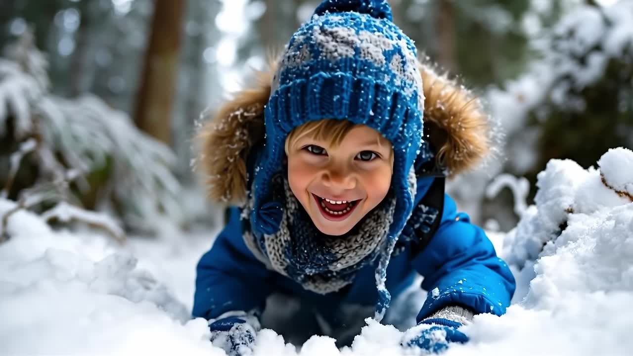 A little boy in a blue jacket and hat playing in the snow