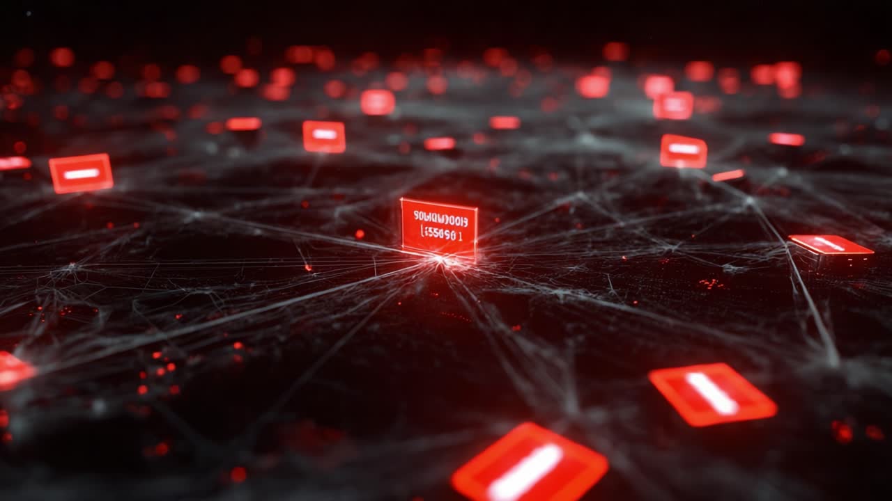 Visualizing a Data Network: A Close-Up View of Interconnected Nodes Featuring Highlighted Red Elements in Cyber Space, Illustrating Digital Connectivity and Data Flow Dynamics