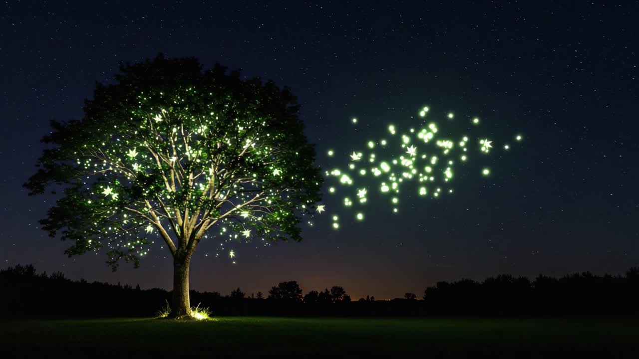 A Majestic Tree Illuminated by Glow, Enhancing the Night Sky with Sparkling Lights and Magical Glows, Creating an Enchanted Atmosphere in the Darkness