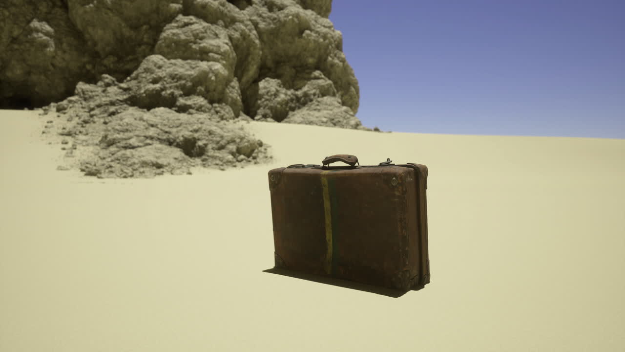 Desert landscape with a vintage suitcase abandoned near rock formations