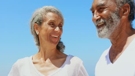 vista frontal de una feliz y activa pareja afroamericana de edad avanzada de pie en la playa al sol 4k