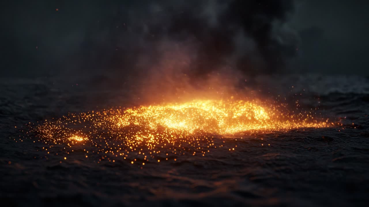 Radiant sparks dance across the dark ocean surface, creating a mesmerizing display of luminosity and energy, capturing the essence of unpredictable natural phenomena