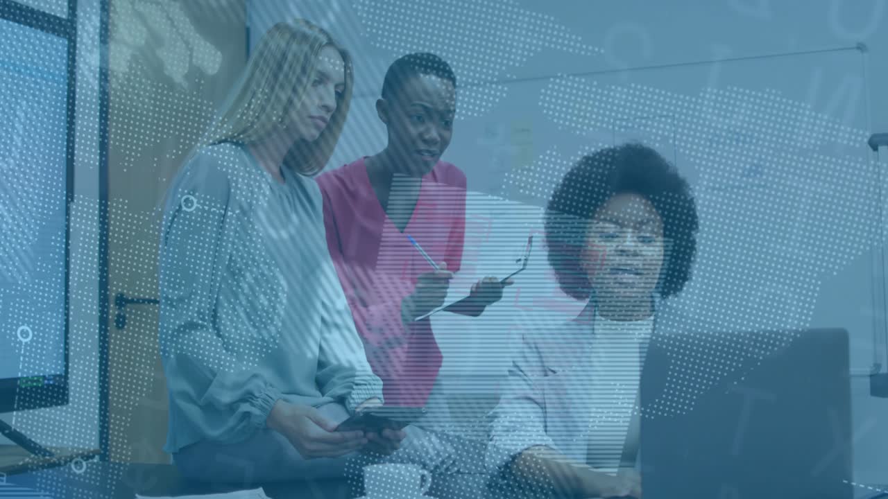 Three professionals gathering at laptop in business meeting gesturing and scrolling data overlays
