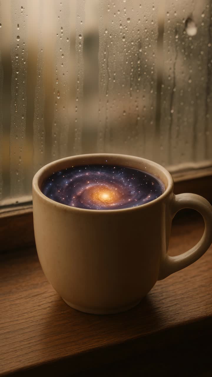 A mesmerizing video concept of a galaxy swirling in a coffee cup by a rainy window