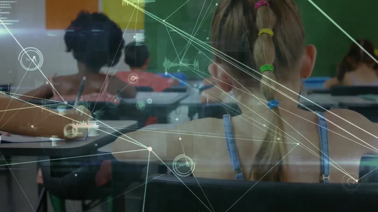 animación de la red de conexiones entre diversos escolares que aprenden en el aula