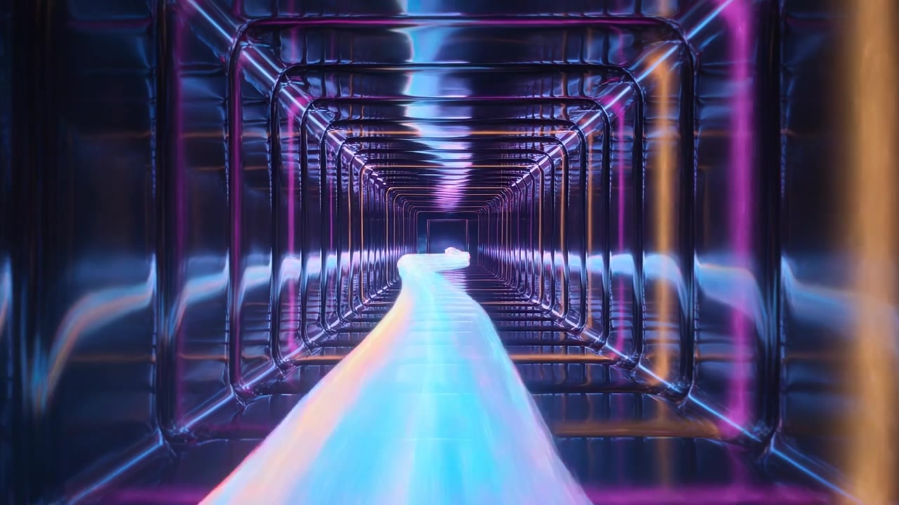 Una scia blu-rosa che appare e avanza all'interno di un tunnel di metallo, proiettando un bagliore al neon ed enfatizzando la profondità.