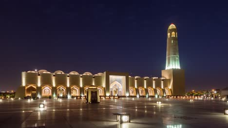 night illumination doha city mosque front square panorama 4k time lapse qatar