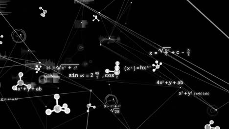Animation-Von-Molekülen-Und-Mathematischen-Gleichungen-über-Ein-Netzwerk-Von-Verbindungen-Auf-Schwarzem-Hintergrund