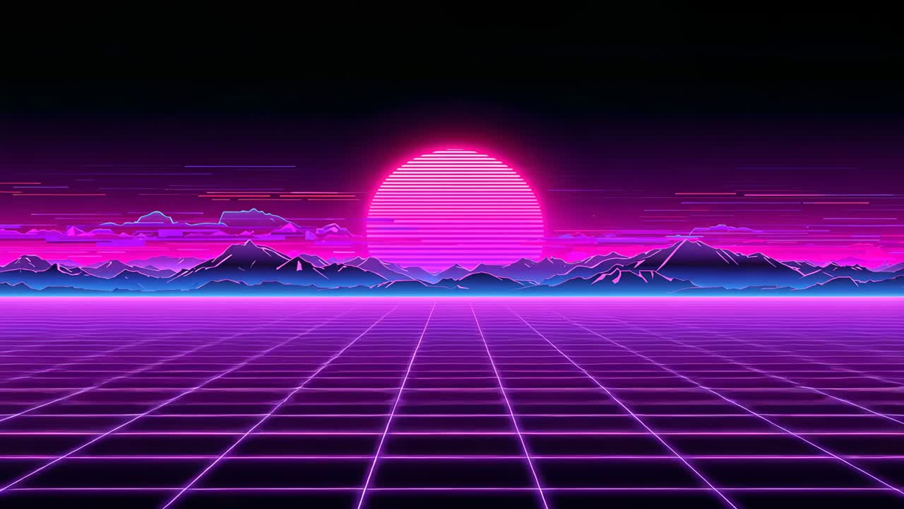 Pulsing magenta sun responding to frame shift, shifting scanlines while grid glowing over mountains