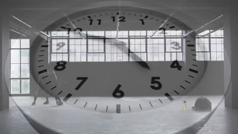 animation of clock ticking over warehouse