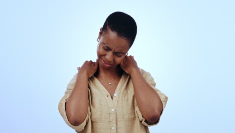 neck pain, studio face and black woman with injury