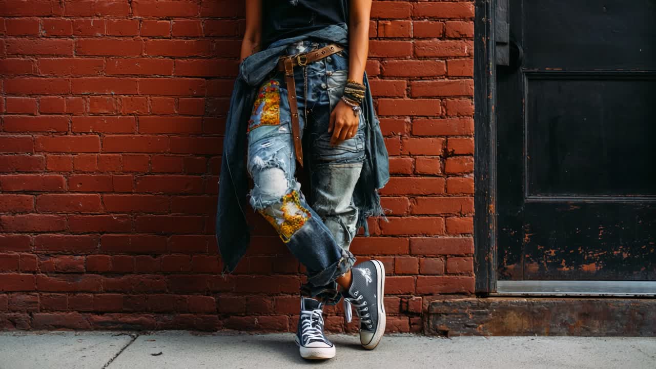 A Fashionable Display Showcasing Unique Street Style with Distressed Jeans and Layered Tops, Highlighting Personal Expression Through Colorful Patterns Against a Rustic Wall