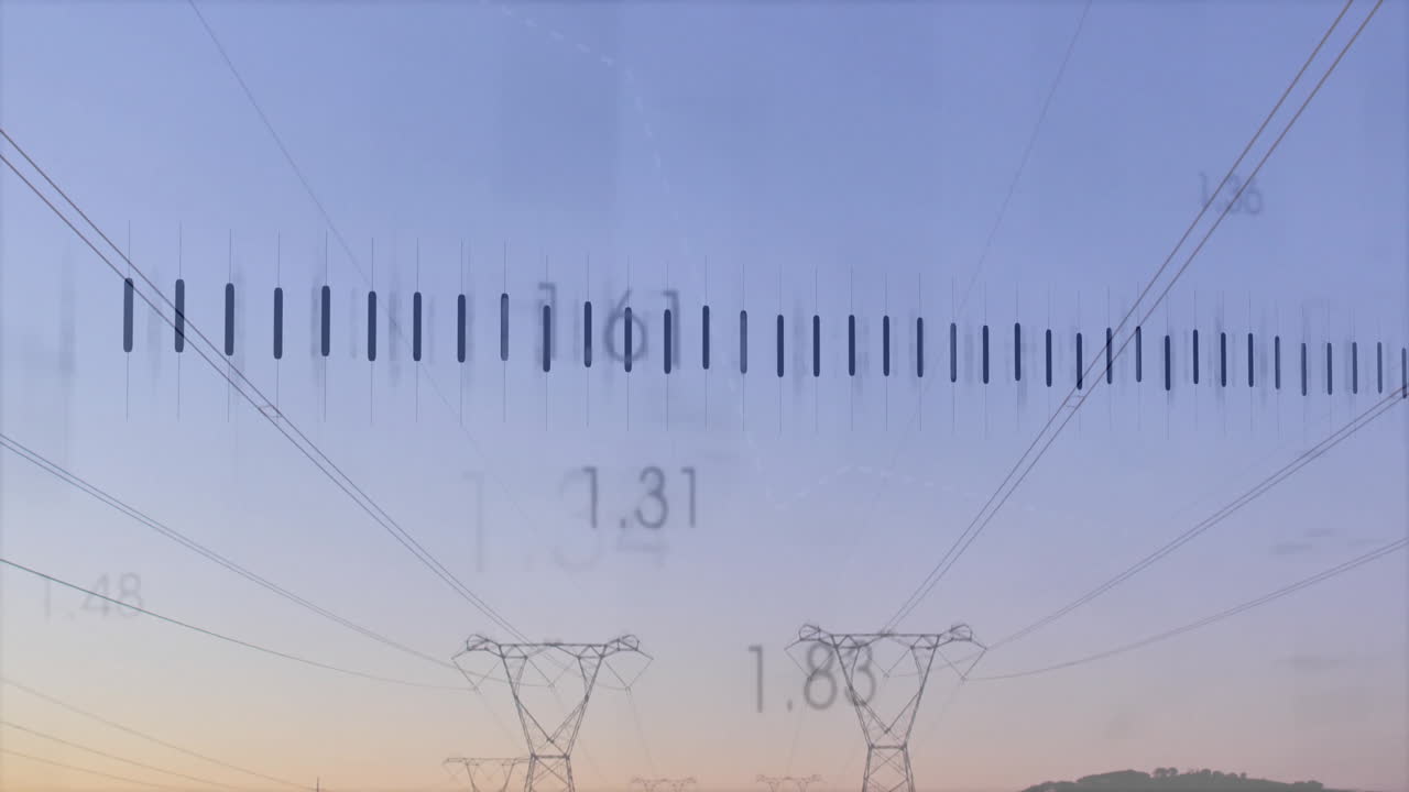 High-voltage towers being animated against sunrise gradient sky, with power lines, digital overlay